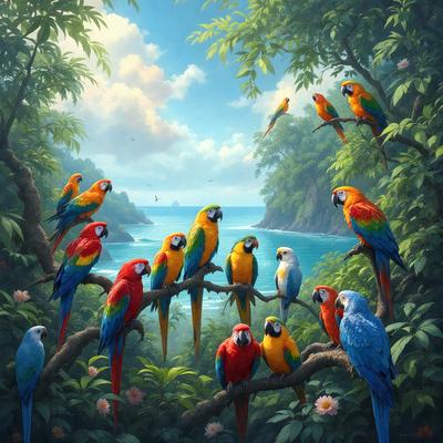 The primary subject of the image is a group of colorful birds perched on a tree branch. The birds are of various colors, including red, yellow, and blue. The setting is a lush green forest, with a mountain visible in the background. The visual style is an illustration or painting, showcasing the vibrant colors and intricate details of the birds. The overall atmosphere is lively and full of energy, as the birds gather together on the tree branch.